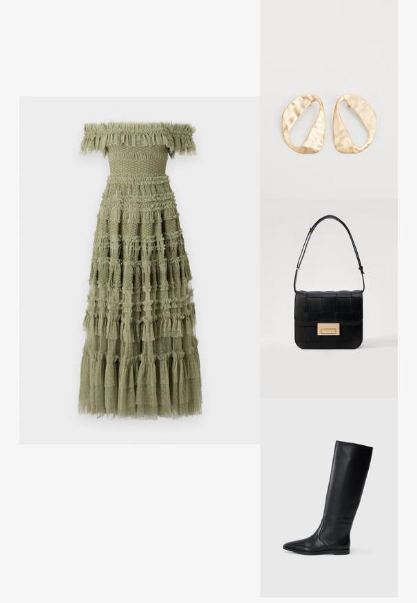 Off-the-shoulder olive green dress featuring layered ruffles, a smocked bodice, and a tiered skirt with textured detailing and subtle polka dots.; Black leather knee-high boot with a pointed toe and minimal design. Smooth texture and flat sole, featuring discreet side stitching details.; Loeffler Randall DESI CROSSBODY WITH LOCK HARDWARE - Cross body bag - black; Pair of irregular oval-shaped gold-toned metal earrings with a textured, slightly hammered surface on a white background.