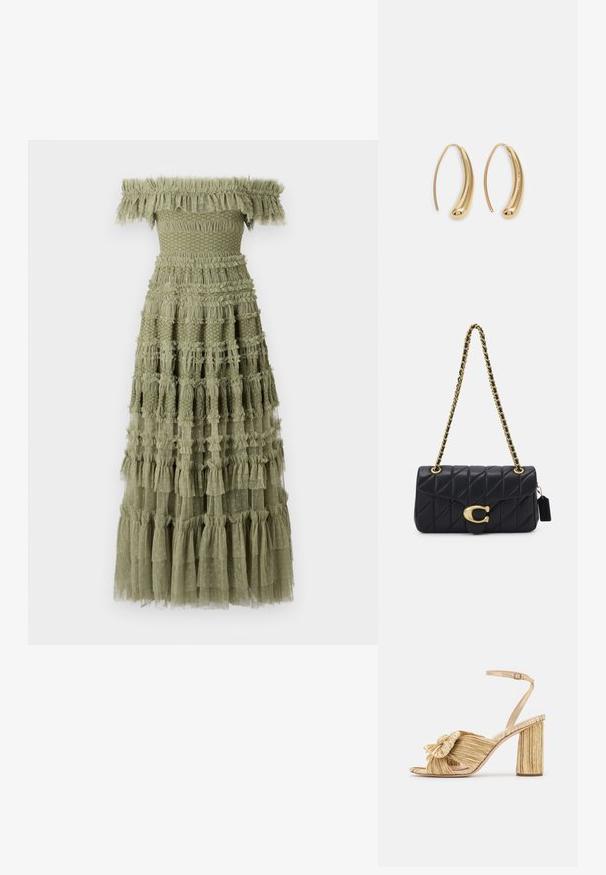 Váll nélküli, olívabokor zöld ruha réteges fodrokkal, ráncolt felső résszel és textúrázott részletekkel ellátott, fokozatosan bővülő szoknyával, finom pöttyökkel.; Arany sarkú szandálok, elől megkötve, pliszírozott textúrával és boka pánttal. A blokksarok bordázott mintázattal rendelkezik, amely javítja a tapadást.; Fekete steppelt táska arany lánc pánttal, jellegzetes arany zár mellett és egy kis címkével, amely textúrált bőrfelületet mutat be.; Aranyszínű fémből készült karika fülbevalók ívelt, hosszúkás formával. Simaságával és fényes felületével, valamint lekerekített végével további részletekkel bővül.