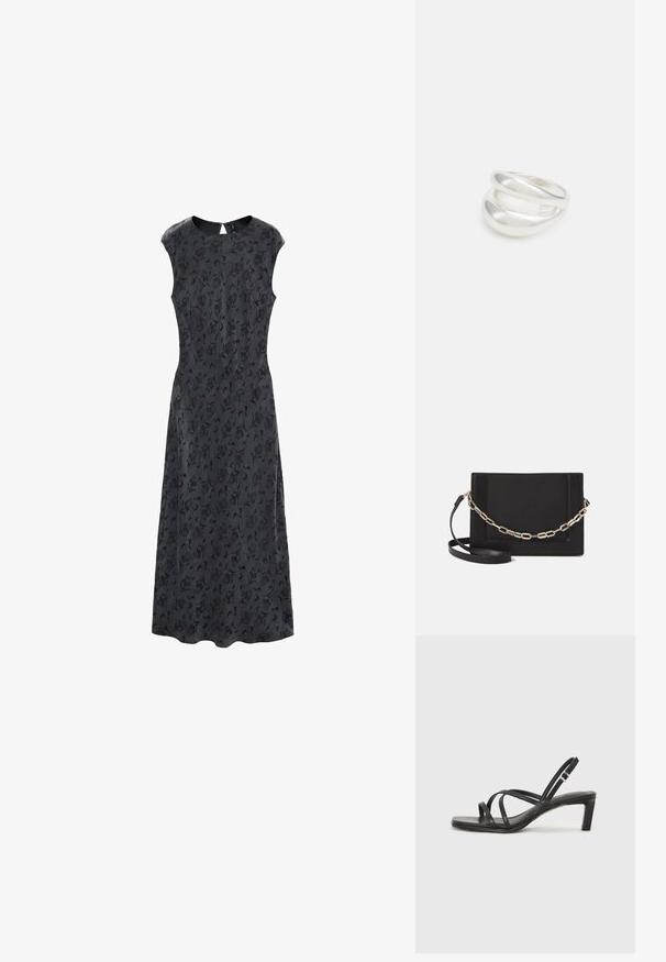 Crna haljina s cvjetnim uzorkom, prilagođenim tijelom i lepršavom suknjom, s kratkim rukavima i zatvaračem na leđima. Glatka tekstura tkanine.; Crne sandale s trakama, kvadratnim prstom i niskom blok petom. Ima više tankih trakica i podesivu trakicu oko gležnja. Izrađene su od glatke kože.; Crna kožna torba preko tijela s glatkom teksturom, pravokutnim oblikom i metalnim lancem na prednjoj strani. Uključena je podesiva naramenica.; Srebrna dvostruka prsten s glatkom, poliranom površinom. Karakterizira ga fluidan, zakrivljen dizajn s preklapajućim sekcijama za moderan izgled.