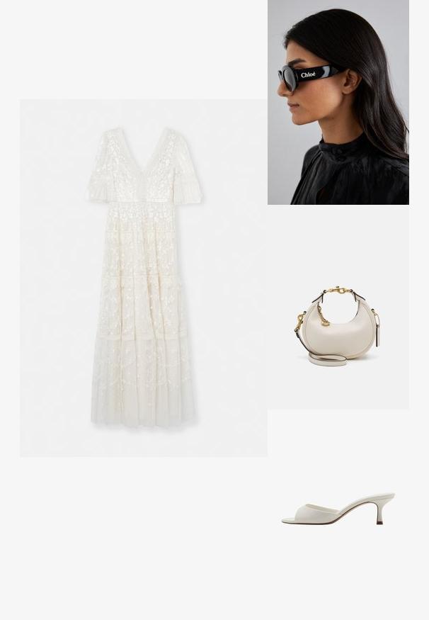 Needle & Thread ARAMINTA mleczny; Białe, otwarte na palcach mule na wysokim obcasie o gładkim wykończeniu, minimalistycznym designie i smukłym obcasie, z subtelnym brązowym akcentem na podeszwie.; Czarne okulary przeciwsłoneczne z okrągłymi soczewkami i odważnymi, kanciastymi oprawkami, na boku z białym napisem "Chloé". Gładkie, błyszczące wykończenie.; Kremowa skórzana torebka w kształcie półksiężyca, z złotymi elementami, czarnymi akcentami oraz odpinanym paskiem. Posiada dodatkowo detal w postaci łańcucha oraz metkę.; Zestaw kolczyków w odcieniu złota składający się z trzech par: teksturowane owalne kolczyki, kolczyki o falistym wzorze i dużych kolczyków w formie kół z nałożonymi żłobieniami.