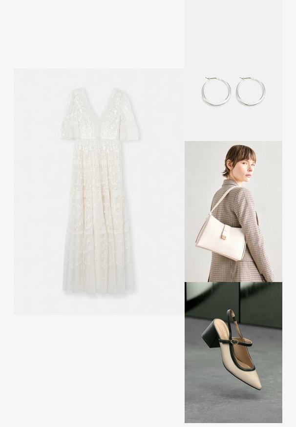 Needle & Thread ARAMINTA GOWN - Abiti per occasioni speciali - cream/cream; Scarpa beige con punta a stivale, con rifiniture nere, fibbia dorata e tacco a blocco spesso su un pavimento grigio con sfondo verde scuro.; Borsa a mano in pelle bianca con un design strutturato, presente di un clasp magnetico e una tracolla, esposta su uno sfondo neutro.; Orecchini a cerchio in argento presentano un design liscio e arrotondato con un profilo sottile e una chiusura sicura. Stile minimalista con una finitura lucida.