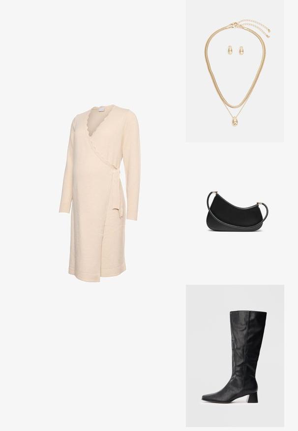 Krémové zavinovacie šaty s dlhými rukávmi, obdĺžnikovým výstrihom so zvlneným okrajom a zaväzovaním na boku. Mäkká textúra a dĺžka po kolená.; Čierne kožené čižmy po strednú lýtko s špičatou špičkou a blokovým podpätkom na jednofarebnom svetlom pozadí.; Čierna kožená taška cez rameno s zakriveným dizajnom, s textúrovaným popruhom a zlatými prvkami na hornej priehradke. Hladký povrch.; Zlatý šperkový set, ktorý obsahuje vrstvený náhrdelník s kvapkovým príveskom a zodpovedajúce náušnice na štud, všetko s lesklým povrchom.