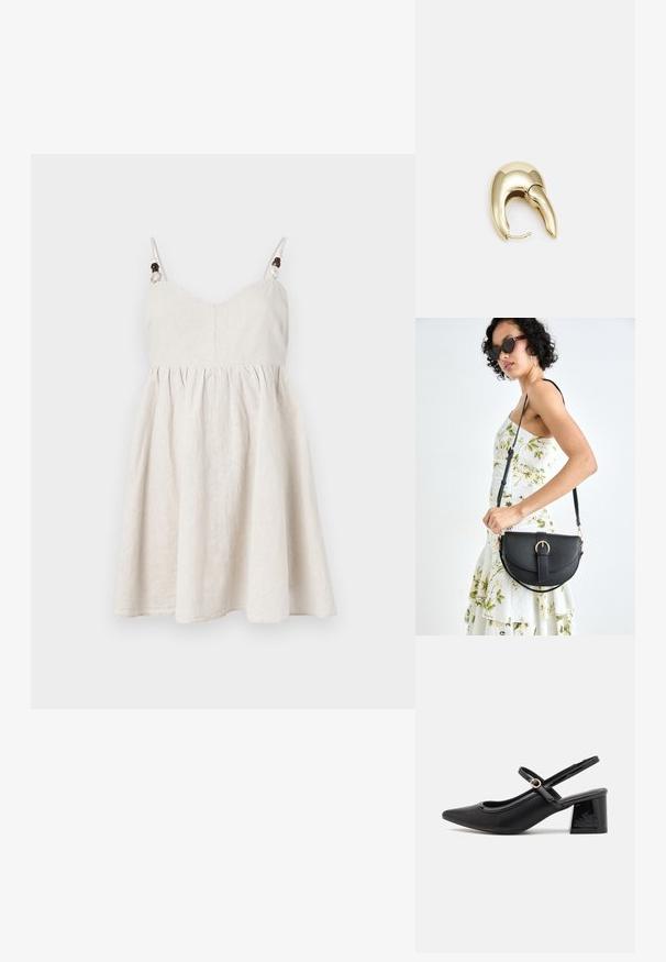 Abito estivo in lino di un beige chiaro, con corpino aderente, gonna svasata, spalline regolabili con decorazioni in legno e dettagli arricciati.; Décolleté in vernice nera con cinturino dietro, punta affusolata, design con ritagli arrotondati e tacco a blocco. Presenta un accento di fibbia tono oro.; Borsa a tracolla nera in pelle con una forma curva, manico rimovibile e accessori dorati. La borsa presenta una patta con un dettaglio a fibbia.; Orecchino in metallo color oro con un design elegante e curvo. Presenta una forma appuntita distintiva, superficie lucida e chiusura a cerniera.