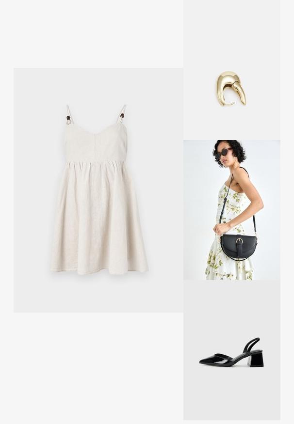 Lysest beige lin kjole med tettsittende bodice, utsvingt skjørt, justerbare stropper med treperle detaljer og rynkede detaljer.; Svarte patentlær slingback hæler med spiss tå og geometrisk blokk hæl. Har et stilrent, minimalistisk design og jevn tekstur.; Svart lærveske med en buet form, avtagbar stropp og gullbeslag. Vesken har et klaff med spenne-detall.; Gullfarget metalløredobber med et elegant, buet design. Har en karakteristisk spiss form, polert overflate og hengsel-lukking.