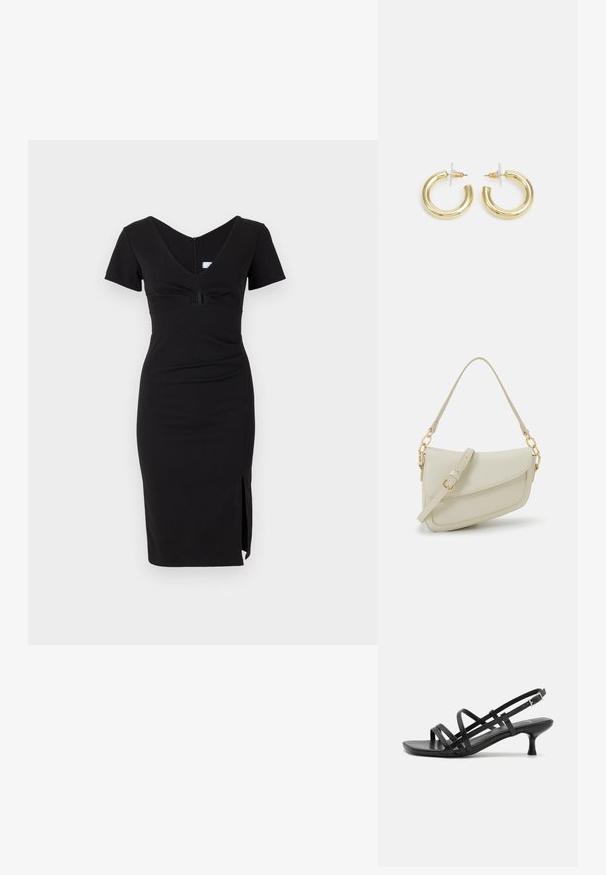Čierne priliehavé šaty s krátkymi rukávmi, výstrihom do V, zberaným živôtikom a bočným rozparkom. Vyrobené z elastického materiálu s hladkou textúrou.; Čierne sandále na podpätku s viacerými prekríženými remienkami. Hladký materiál, špicatá špička a úzky podpätok. Nastaviteľný remienok okolo členka s prackou.; Malá krémová kabelka s textúrovaným povrchom, dlhým nastaviteľným popruhom, reťazovým detailom a klopovým uzáverom. Zlaté kovové prvky.; Zlaté kruhové náušnice s hladkým, lesklým povrchom. Cirkulárny dizajn s malým steblom a jasným záznamom pre bezpečné nosenie.