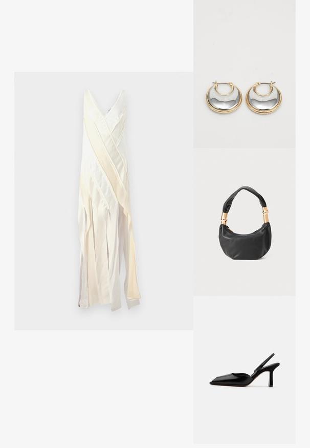 Rochie crem și alb-crem cu decolteu în V, având benzi de țesătură stratificate, cu texturi și lungimi variate pentru o siluetă fluidă.; Sandale din piele neagră cu toc, cu vârf ascuțit, design minimalist, curea subțire la gleznă și toc subțire elegant. Textură netedă.; Geantă de mână din piele neagră, cu o formă rotundă, textură moale și un mâner legat, având accente din metal auriu. Închidere cu fermoar.; Cercei mici în formă de cerc, cu o margine exterioară aurie și o suprafață interioară strălucitoare și reflectorizantă din argint, prezentate unul lângă altul pe un fundal alb.