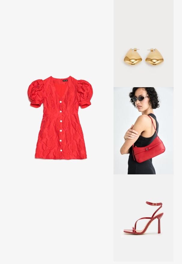 Sarkana īsā kleita ar puffed piedurknēm, ziedu raksta audums, V-veida kakla izgriezums un baltas ziedu formas pogas pa priekšu.; ALDO SCINTILLA - Augstpapēžu sandales - red; Sarkans ādas plecu soma ar gludu tekstūru, izliekta dizaina un dekoratīvu sprādzi. Regulējams siksna un rāvējslēdzēja aizdare.; Zelta krāsas metāla auss gredzeni ar gludu, apaļu trīsstūra formu un āķa aizmuguri; atstarojoša virsma ar minimālu apdari.