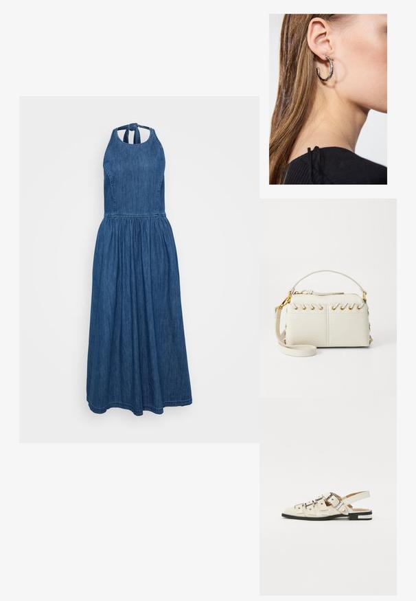 Denim maxiklänning med halterneck, smockad midja och flödande kjol. Har en mjuk textur och djupblå färg, med knytning i nacken.; Slingback-sandaler i vitt läder med flera breda remmar och silverfärgade spännen; platt sula med en liten svart klack och metalliska detaljer.; Vitt fusk läderhandväska med dragkedja i toppen, ett kort handtag och ett avtagbart axelband med guldfärgade detaljer. Sidodetalj med snörning.; Silverörhänge med polerad yta, med små detaljer i guld och rund form, bärs på loben.