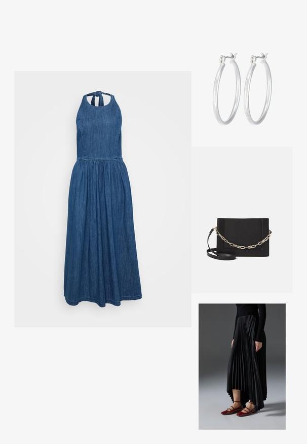 Zila džinsu maksi kleita ar haltera dekoltē, savilktu vidukli un plūstošu svārku. Īpašības ietver gludu tekstūru un dziļu zilu krāsu, ar saiti ap kaklu.; Melna plisēta kleita ar augstu priekšpusi un zemāku aizmuguri, saskaņota ar spīdīgām sarkānām dzīvokļa kurpēm ar siksnu dizainu. Audumam ir gluda tekstūra.; Melna ādas crossbody soma ar gludu faktūru, taisnstūrveida formu un metalizētu ķēdes detaļu priekšā. Iekļauta regulējama siksna.; Sudraba riņķveida auss gredzeni ar gludu, pulētu apdari. Apaļa forma un drošs klikšķa augšējais slēgums. Viegls dizains, kas piemērots ikdienas valkāšanai.