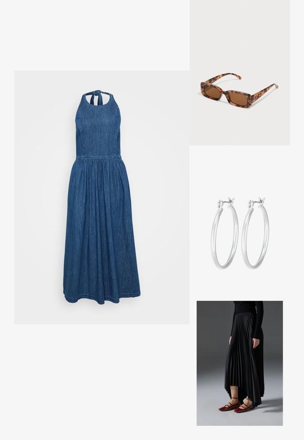 Džinsinis maksi suknelis su kaklo juosta, susirinkta liemeni, ir laisvai krintančia patalyne. Yra švelni tekstūra ir gili mėlyna spalva, su kaklo raiščiu.; Juoda plisuota sijonas su aukštesniu priekiniu kraštu, derinamas su blizgiomis raudonomis plokščiomis bateliais, turinčiais dirželio dizainą. Medžiaga yra glotni.; Vėžlio kiauto saulės akiniai su stačiakampiais rudi objektyvais, storu rėmu ir siaurais rankenėlėmis, dekoruotomis skirtingų atspalvių ruda spalva.; Sidabriniai auskarai su sklandžiu, poliruotu paviršiumi. Apvalios formos ir saugus uždarymo mechanizmas. Lengvas dizainas, tinkantis kasdieniam dėvėjimui.