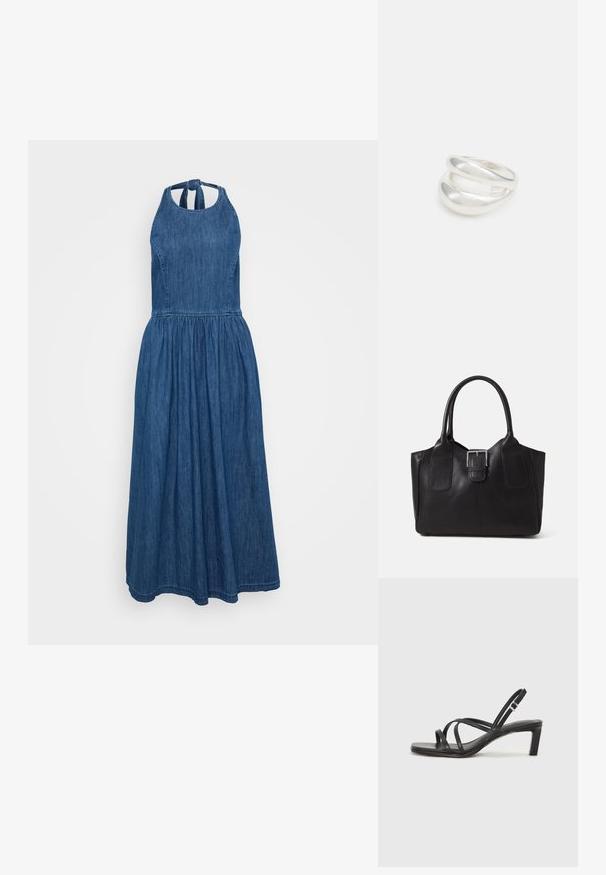 Zila džinsu maksi kleita ar haltera dekoltē, savilktu vidukli un plūstošu svārku. Īpašības ietver gludu tekstūru un dziļu zilu krāsu, ar saiti ap kaklu.; Melnas strappy sandales ar kvadrātveida purngaliem un zemu bloku papēdi. Ievērojamas ar vairākiem plāniem siksniņām un regulējamu potītes siksniņu. Izgatavotas no gludas ādas.; Melnas ādas somiņa ar gludu tekstūru, strukturētu formu, divām rokturām un izteiktu sudraba sprādzi priekšpusē.; Sudraba divu joslu gredzens ar gludu, pulētu virsmu. Iezīmējas ar plūstošu, izliekta dizaina struktūru ar pārklājošām sekcijām modernam izskatam.; Sudraba divu joslu gredzens ar gludu, pulētu virsmu. Iezīmējas ar plūstošu, izliekta dizaina struktūru ar pārklājošām sekcijām modernam izskatam.