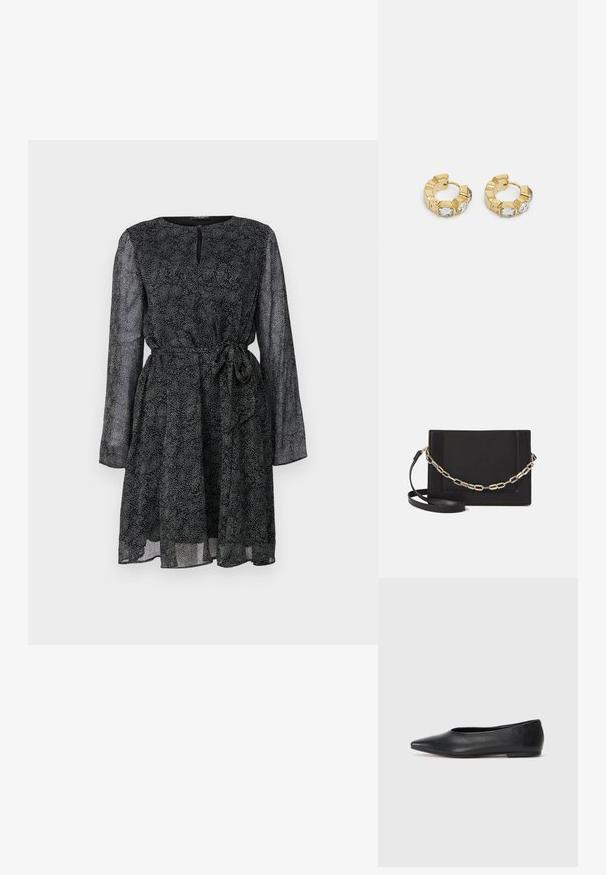 Zwarte jurk met lange doorzichtige mouwen, een ronde halslijn en een strik taille. Kenmerkt zich door een gestructureerd patroon van kleine witte stippen door het geheel.; Zwarte leren balletflat, puntige neus, minimalistisch design, gladde textuur, lage hak, geen zichtbaar beslag of versieringen.; Zwarte leren schoudertas met een gladde textuur, rechthoekige vorm en een metallic kettingdetail aan de voorkant. Verstelbare schouderband inbegrepen.; Gouden creolen met een getextureerd ontwerp en drie heldere kristalaccenten aan één zijde, wat een moderne geometrische esthetiek biedt.