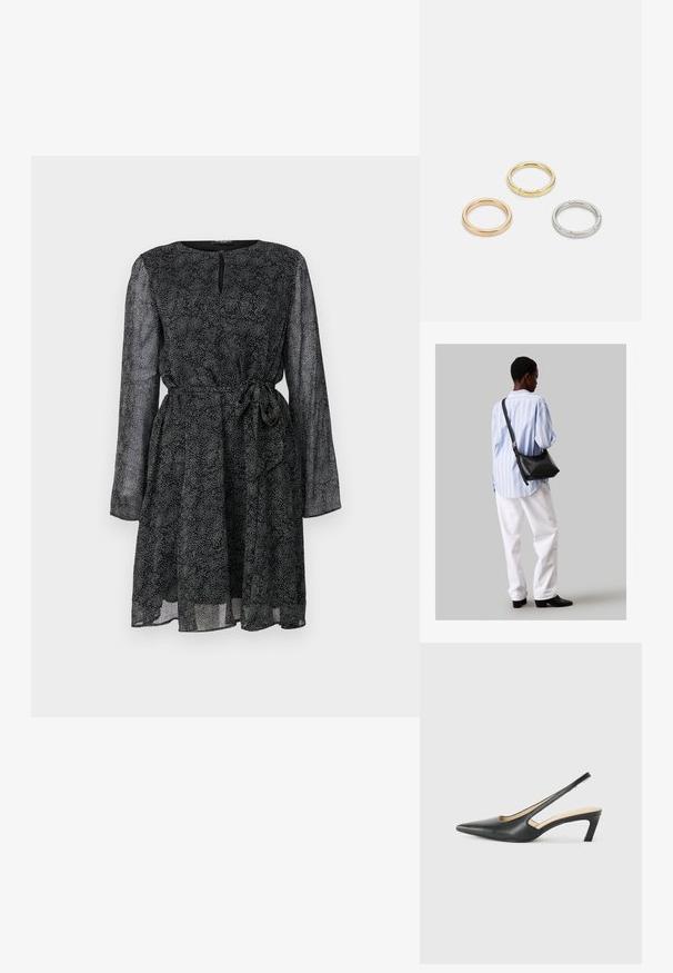 Juodas suknelė su ilgu skaidriu rankovėmis, apvaliu iškirpimu ir surišama juosta. Puošia tekstūrinis mažų baltų taškelių raštas visame paviršiuje.; Juodas smailus slingback batelis su žemu kulnu, pagamintas iš lygaus odos paviršiaus ir su išpjovomis šone, užtikrinančiomis oro pralaidumą.; Juodas odinis petinis krepšys su minkšta tekstūra, trikampiu pavidalu ir reguliuojama juosta, derinamas su šviesiai mėlynu dryžuotu marškinėliu ir baltais džinsais.; Trys metalinės žiedai: vienas rožinės aukso, vienas auksinis su tekstūruotais akcentais ir vienas sidabrinis, visi su įmintu ženklinimu vidinėje juostoje.