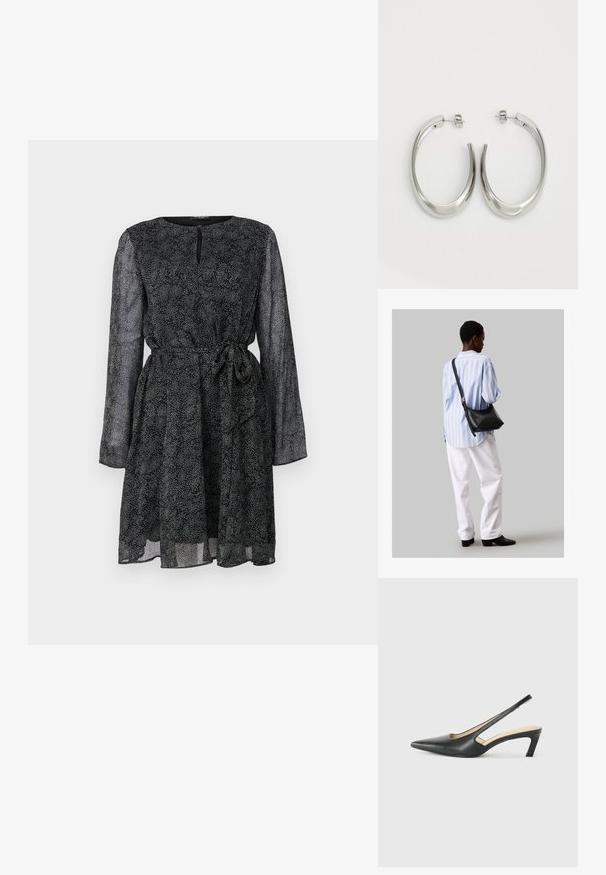 Juodas suknelė su ilgu skaidriu rankovėmis, apvaliu iškirpimu ir surišama juosta. Puošia tekstūrinis mažų baltų taškelių raštas visame paviršiuje.; Juodas smailus slingback batelis su žemu kulnu, pagamintas iš lygaus odos paviršiaus ir su išpjovomis šone, užtikrinančiomis oro pralaidumą.; Juodas odinis petinis krepšys su minkšta tekstūra, trikampiu pavidalu ir reguliuojama juosta, derinamas su šviesiai mėlynu dryžuotu marškinėliu ir baltais džinsais.; Sidabriniai apvalūs auskarai su lygiu, išlenktu dizainu. Yra blizgus metalinis paviršius ir smeigtukų uždarymas. Nėra matomų raštų ar akcentų.