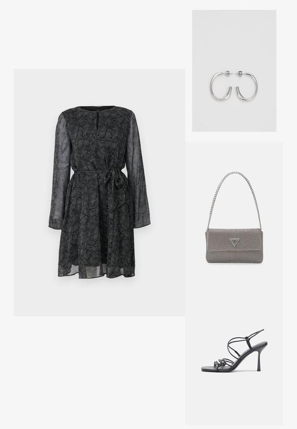 Črna obleka z dolgimi prozornimi rokavi, okroglo izrezom in pasom s trakovi. Ima teksturiran vzorec majhnih belih pikic po celi obleki.; Črne visoke sandale na peto imajo tanke naramnice z vozlom, gladek kvadratni toe in eleganten stiletto peto.; Svetlo siva kovinska torbica z verižnim ročajem, okrašena z majhnimi okroglimi kovinskimi bleščicami in trikotnim logotipom blagovne znamke.; Srebrne obročaste uhane z gladko, sijočo površino. Zaobljena oblika, lahka zasnova, z zapiranjem na zatič.