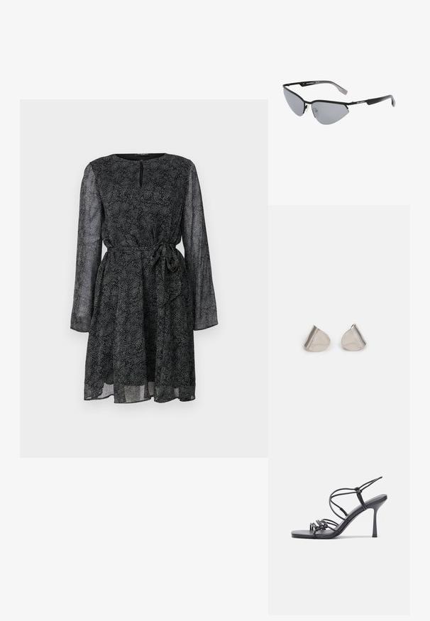 Rochie neagră cu mâneci lungi din material transparent, decolteu rotund și talie cu șnur. Are un model texturat format din puncte albe mici întreguri.; Sandale negre cu toc înalt au curele subțiri cu un design legat, un vârf pătrat neted și un toc stiletto elegant.; Ochelari de soare negri cu un design unghiular, tip cat-eye. Lentile argintii oglindite. Rame subțiri, ușoare din plastic, cu o marcă subtilă pe tâmple.; Cercei din metal argintiu cu o formă netedă, în formă de lacrimă și un finisaj lucios. Gravuri subtile adaugă detalii. Design minimalist.