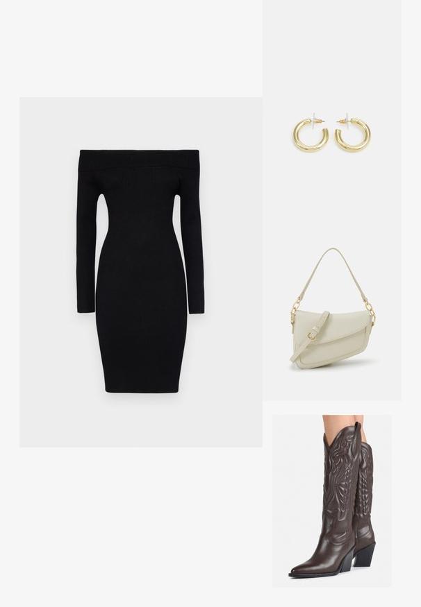 Melnā, ribotā, ar plecu atklātu adītu kleitu ar garām piedurknēm un pieguļošu siluetu, kas sasniedz vidukli.; Brūni ādas kovboju zābaki ar norādītu purngalu un blokveida papēdi, ar detalizētu šūšanu un paceltiem akcentiem uz kājas daļas.; Maza krēmkrāsas rokas soma ar teksturētu apdari, garu regulējamu siksniņu, ķēdes akcentu un vāciņa aizdari. Zelta aparatūras detaļas.; Zelta auskari ar gludu, spīdīgu apdari. Apaļš dizains, kas ietver mazu tapu un caurspīdīgu pamatni drošai valkāšanai.