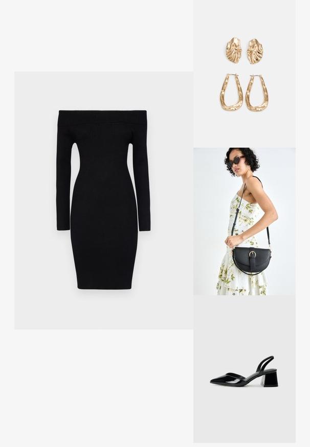 Mustvalge ribaga off-the-shoulder kootud kleit, millel on pikad varrukad ja keha ligi liigeldav siluett, ulatudes reite keskosa.; Mustad musta lakknahk kingad, millel on terav varvas ja geomeetriline plokkkonts. Omab elegantselt minimalistlikku disaini ja sujuvat tekstuuri.; Mustmust mustraha kõverate joontega, eemaldatava rihmaga ja kuldsete detailidega. Kotil on klapp, millel on pandladetail.; Kuldse värvi kõrvarõngad, mis on kaunistatud tekstuursete ja laineliste kujunditega. Komplektis on skulpturaalsed klamber kõrvarõngad ja avatud rõngasdisain, millel on lõhestatud viimistlus.