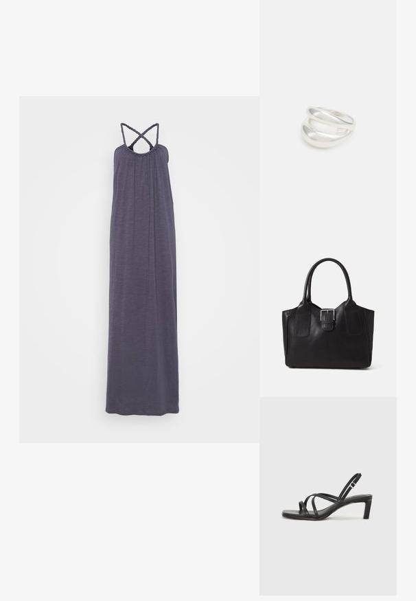 Tumši pelēkas krāsas maxi kleita, kas izceļas ar savilkta bodice, krusteniskām siksnām un pērlīšu apdari ap kaklu, kā arī glītu, plūstošu siluetu.; Melnas strappy sandales ar kvadrātveida purngaliem un zemu bloku papēdi. Ievērojamas ar vairākiem plāniem siksniņām un regulējamu potītes siksniņu. Izgatavotas no gludas ādas.; Melnas ādas somiņa ar gludu tekstūru, strukturētu formu, divām rokturām un izteiktu sudraba sprādzi priekšpusē.; Sudraba divu joslu gredzens ar gludu, pulētu virsmu. Iezīmējas ar plūstošu, izliekta dizaina struktūru ar pārklājošām sekcijām modernam izskatam.