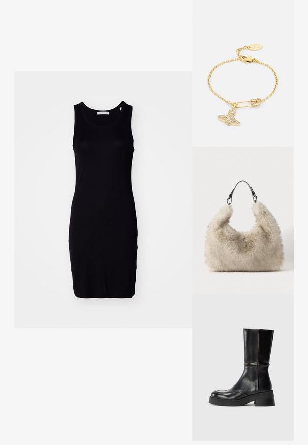 Crna haljina bez rukava napravljena od rastezljivog materijala, prilagođenog kroja, s okruglim izrezom i suptilnim logotipom blizu rubova.; Crne kožne gležnjače s blok petom, koje imaju kontrastne šavove i zakrivljen dizajn prstiju. Glatka tekstura, elegantna silueta.; Bežasta pahuljasta torba ovalnog oblika, izrađena od mekog umjetnog krzna. Ima crnu kožnu ručku s metalnim detaljima.; Narukvica u zlatnoj boji s dizajnom lanca, ukrašena privjeskom u obliku sigurnosne igle i sjajnim detaljem mašne. Ima kopču i oznaku s logotipom.