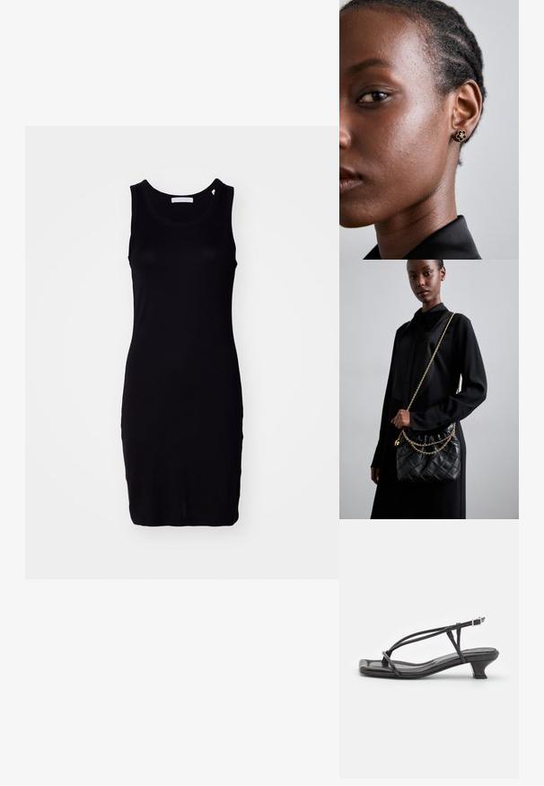 Musta ilmanhiha dressi venyvistä kankaista, muotoon pitsattu, pyöreällä kaula-aukolla ja hienovaraisella logotiedolla helman lähellä.; Musta nahkasandaali ohuilla remmeillä, matalalla lohkokannalla ja neliönmuotoisella varpaalla. Varustettu soljella ja sileällä pinnalla.; Mustakvadratisti nahkakäsine, jossa on kerätty yläosa, kultaketjuolkaimet ja suorakaiteen muotoinen rakenne, pidettyä yksinkertaista taustaa vasten.; Kultaiset kukkakorvakorut, joissa on teksturoitu musta keskus ja hienovaraiset yksityiskohdat. Mallin kirkas iho ja punotut hiukset näkyvät sivuprofiilissa.