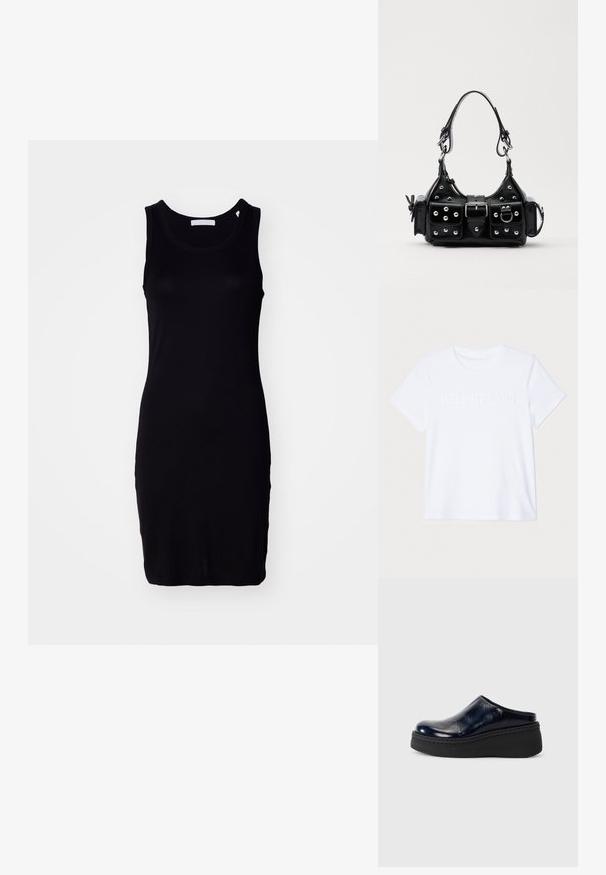 Čierne šaty bez rukávov vyrobené z pružnej tkaniny, priliehavého strihu, s okrúhlym výstrihom a jemným logom blízko lemu.; Biely bavlnený tričko s krátkymi rukávmi, s jemne vyrazeným logom "HELMUT LANG" na hrudi. Okrúhly výstrih, hladká textúra.; Námornícky modrý lakovaný kožený clogs so hladkým povrchom, ktorý má hrubú čiernu platformu a viditeľné švy pozdĺž spodnej časti.; Čierna kožená kabelka s zakriveným dizajnom, doplnená striebornými cvočkami, prackou a dvoma bočnými vreckami. Nastaviteľný popruh poskytuje rôzne možnosti nosenia.