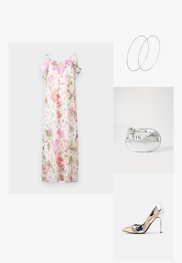 Maxikleid mit floralen Mustern in Pastellrosa, Grün und Lila auf weißem Hintergrund. Leicht, mit Rüscheärmel und verstellbaren Trägern.; Spitz zulaufender High-Heel-Schuh in einer Farbgestaltung aus Silber, Gold und Nude. Glänzende Oberfläche mit Ausschnittdesign und stiletto Absatz.; Silberne metallic Pouch-Tasche mit einer sanften, abgerundeten Form und einem geknoteten Verschluss oben. Hergestellt aus glattem Kunstleder.; Silberne Creolen mit minimalistischem Design. Rundform, glatte Oberfläche und dünnes Profil. Leichtgewichtig mit hochglänzender Oberfläche.