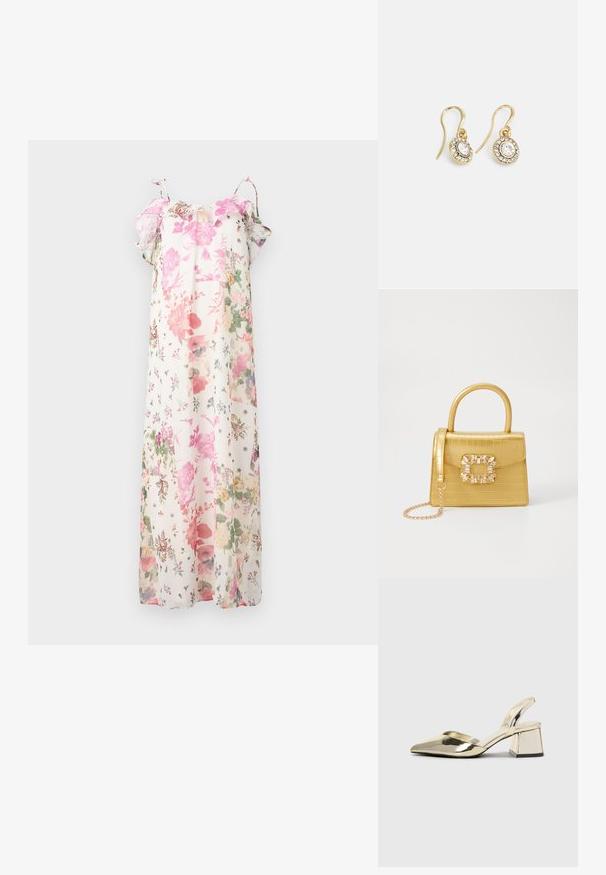 Ziedu maksi kleita ar pasteļrozā, zaļiem un purpursarkanām svītrām uz baltas fona. Viegls audums, ar pūkainām piedurknēm un regulējamām siksnām.; Zeltaini, metāla kurpes ar siksniņām, norakans purngalis un masīla papēdis. Gluda tekstūra, minimālisma dizains un šaura siksna.; Dzeltena mākslīgā krokodila roku soma ar strukturētu dizainu, augšējo rokturi, noņemamu ķēdes siksniņu un dekoratīvām kristāla rotājumiem aizdares daļā.; Zelta tonī veidotas auskaru piekariņi ar ovālu izgriezumu caurspīdīgām kristālēm, kuras ieskauj mazākas caurspīdīgas akmeņu daļiņas, ar āķveida dizainu drošai valkāšanai.