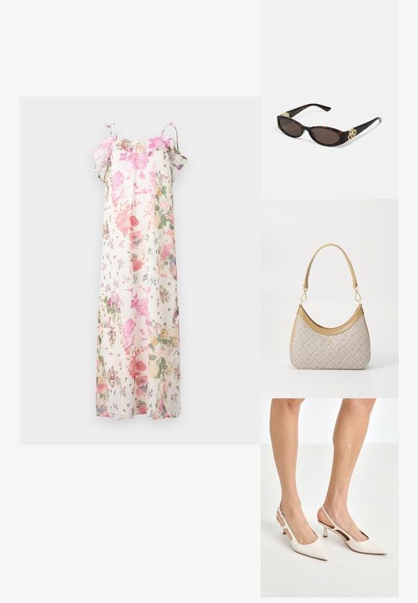 Maxi sukienka w kwiaty z pastelowymi różowymi, zielonymi i fioletowymi wzorami na białym tle. Lekka, z falbaniastymi rękawami i regulowanymi ramiączkami.; Beżowe lakierowane szpilki z odkrytą piętą, zakończone spiczastym noskiem i 5 cm obcasem, z wyciętymi bokami oraz cienkim paskiem na kostce.; Słoneczne okulary w kolorze żółwi z wydłużonymi owalnymi soczewkami, brązowym odcieniem, złotymi akcentami logo na zausznikach oraz smukłymi czarnymi ramionami.; Beżowa torebka w wzory o zakrzywionym kształcie, z skórzanymi akcentami i złotym logo z przodu. Posiada krótki uchwyt, co ułatwia noszenie.