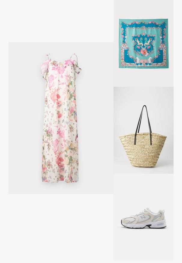 Cvećasta maksi haljina sa pastelnim ružičastim, zelenim i ljubičastim uzorcima na beloj pozadini. Lagana, sa volanastim rukavima i podesivim naramenicama.; Atletski čevlji z lahkotnim sivim mrežastim zgornjim delom in usnjenimi poudarki, belimi vezalkami in črnim gumijastim podplatom. Opazna podrobnost ABZORB blaženja.; Turkizna svila šal z zapletenimi morsko-tematskimi vzorci, vključno z morskimi deklicami, morskimi školjkami in koralami, obdan z okrasnim robom.; Tkana slamnata torba z široko, konusno obliko, ki ima dva črna usnjena ročaja. Naravna bež barva z teksturo.