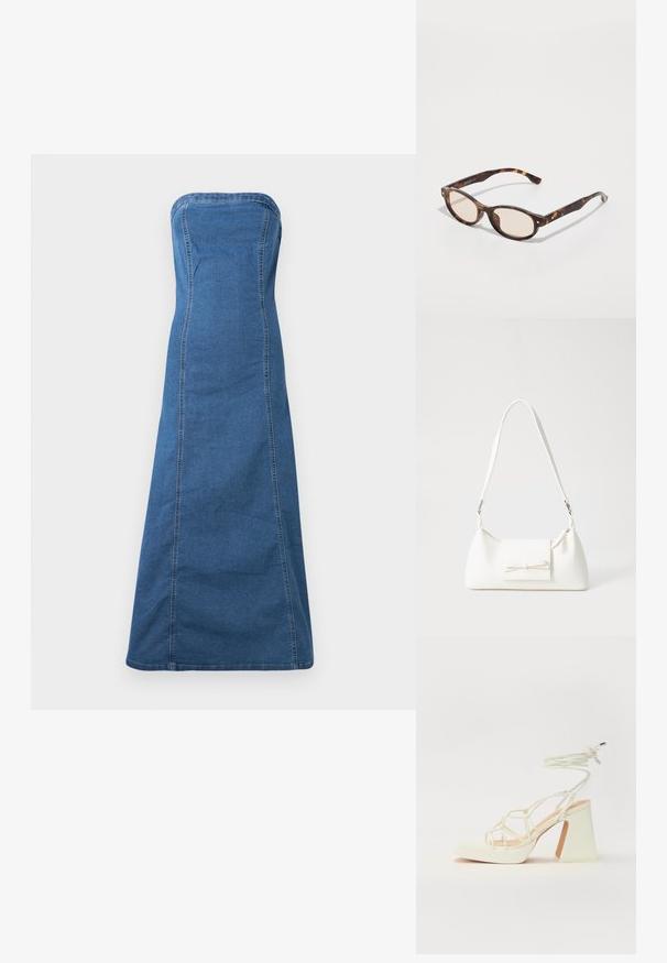 Dżinsowa sukienka bez ramiączek w średnim odcieniu niebieskiego, o prostym kroju, z widocznymi szwami i gładką teksturą.; Biała sandał na wysokim obcasie z masywnym słupkiem, z paskowym wzorem i wiązaniem przy kostce. Gładka faktura z platformą z przodu dla dodatkowej wysokości.; Okulary przeciwsłoneczne w kolorze tortoiseshell o okrągłym kształcie i jasnych soczewkach. Posiadają mocne zauszniki z małymi złotymi akcentami, wykonane z materiału plastikowego.; Biała syntetyczna torba o trójkątnym kształcie, płaskim przednim klapce i detalach w postaci kokardy, regulowanym pasku, gładkiej fakturze oraz minimalistycznym designie.