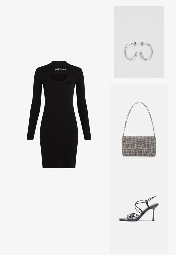 Melna ribota kleita ar garām piedurknēm, pieguloša silueta, apaļa kakla izgriezums un izgriezums aizmugurē ar logotipa akcentu.; Melnas augstpapēžu sandales ar plāniem siksniņām un mezgla dizainu, gluda kvadrātveida purngalu un elegantu stiletto papēdi.; Gaiši pelēka metāla rokassoma ar ķēdes siksnu, rotāta ar mazām apaļām metāla kniedēm un trīsstūra zīmola logo.; Sudraba stīpas auskari ar gludu, spīdīgu virsmu, izceļas ar izliektaveida formu un aizdari ar tapu. Minimālistisks dizains ar mūsdienīgu apdari.
