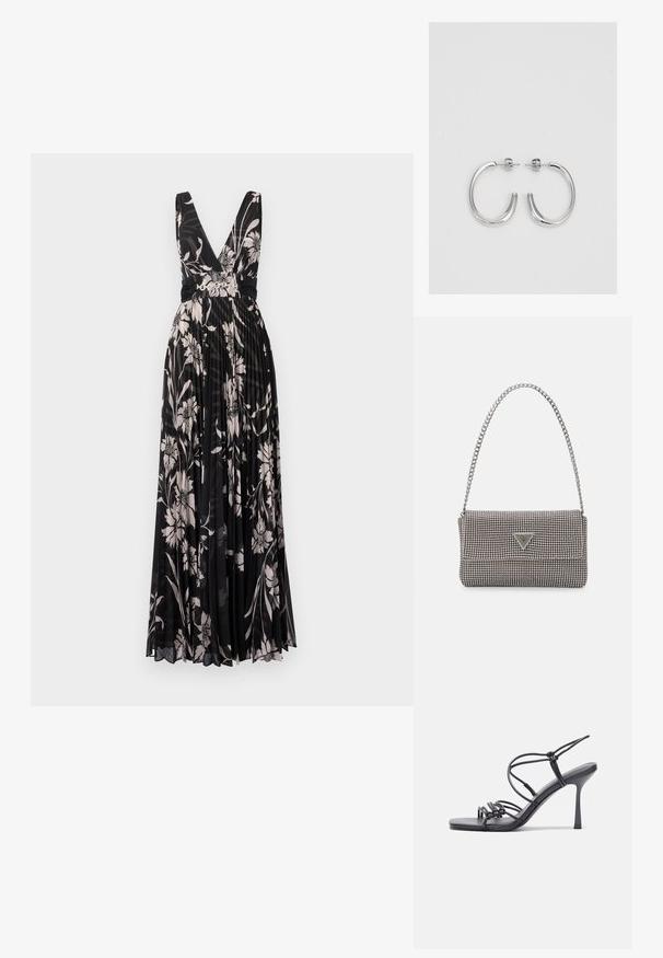 Čierna maxi šaty s kvetinovým vzorom a hlbokým V-výstrihom, skladanou látkou a priliehavým pásom. Obsahujú jemné kvetinové vzory v krémových a jemne ružových odtieňoch.; Čierne sandále na vysokom podpätku majú tenké remienky s uzlovým dizajnom, hladký štvorcový špičku a elegantný stiletto podpätok.; Svetlošedá metalická kabelka s reťazovým popruhom, ozdobená malými kruhovými kovovými štítkami a trojuholníkovým logom značky.; Strieborné kruhové náušnice s hladkým a lesklým povrchom. Okrúhly tvar, ľahký dizajn, s uzáverom na kolík.