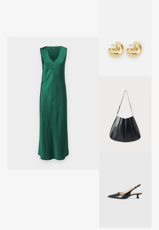 WEEKEND MaxMara GIUBBA zielony; Czarny skórzany but na obcasie typu kitten heel z odkrytym piętą, o spiczastym nosku i złotym zapięciu na boku, na białym tle.; Czarna skórzana torba na ramię z plisowanym wzorem, gładką powierzchnią, pojedynczym paskiem i subtelnym złotym akcentem.; Złote metalowe kolczyki w kształcie kół z błyszczącą, zakrzywioną konstrukcją. Prezentują półksiężycowy kształt z gładkimi powierzchniami i zapięciem na sztyfcie.