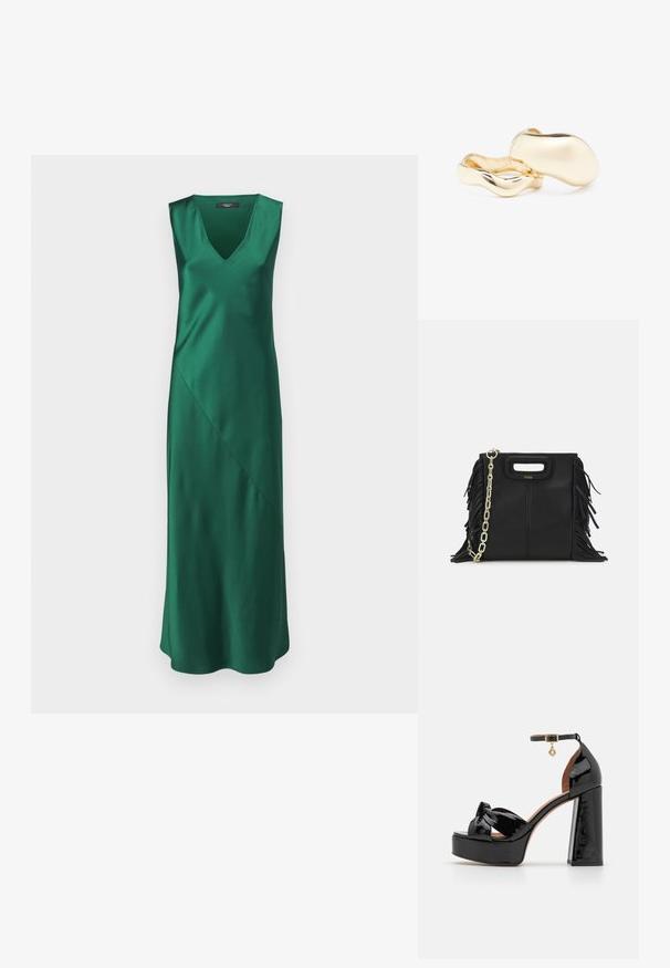 Weekend Max Mara GIUBBA - Juhlamekko - verde; Maje Korolliset sandaalit - noir; Musta nahkakäekott, millel on frantsiisidetailid, kuldne õlgade rihm ja lõikega käepide. Ees on logo paigutus.; Kultaisten korvakorujen orgaaninen, pavun muotoinen muotoilu ja sileä, heijastava pinta; sisältää minimalistisen suunnittelun ilman näkyvää mekanismia.