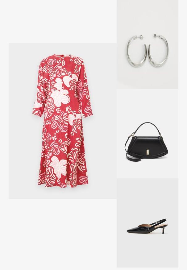 Red dress with long sleeves, featuring a swirl pattern in white. Made of smooth fabric, it has a rounded neckline and a back zipper.; Black patent leather slingback pump with a pointed toe, small heel, and a cutout design on the vamp. Gold-tone hardware accent on the side.; Black leather handbag with a structured design, featuring a cropped shape, top handle, and gold hardware accent. Adjustable shoulder strap included.; Silver hoop earrings with a smooth, curved design. Features a shiny metallic finish and stud closure. No visible patterns or accents.