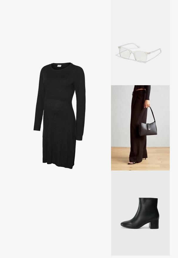 Vestido de maternidade preto de manga comprida feito de tecido macio, com decote redondo e cintura suavemente ajustada para acomodar a barriga em crescimento.; Botas de tornozelo em pele preta com bico pontiagudo e um salto robusto. Textura suave com acentos mínimos e um design ajustado e elegante.; Óculos quadrados de plástico transparente com lentes translúcidas, apresentando detalhes em dourado nas hastes.; Bolsa preta com forma estruturada, textura suave e um fecho metálico. Combinada com calças largas pretas e sandálias de salto aberto sobre um chão de madeira.