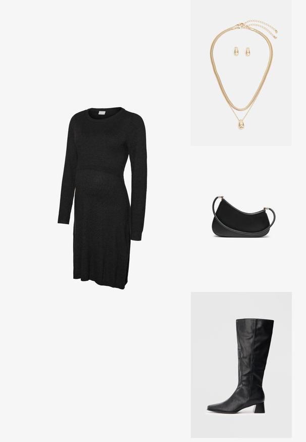Černé těhotenské šaty s dlouhým rukávem z jemné látky, s kulatým výstřihem a jemně zužujícím se pasem, který pojme rostoucí bříško.; Černá kožená botka do poloviny lýtek s špičatou špičkou a blokovým podpatkem na jednoduchém světlém pozadí.; Černá kožená kabelka přes rameno s zakřiveným designem, se strukturovaným popruhem a zlatým kováním na horním uzávěru. Hladký povrch.; Zlatý šperk zahrnující vrstvený náhrdelník s kapkovým přívěskem a odpovídajícími peckovými náušnicemi, vše s lesklým povrchem.