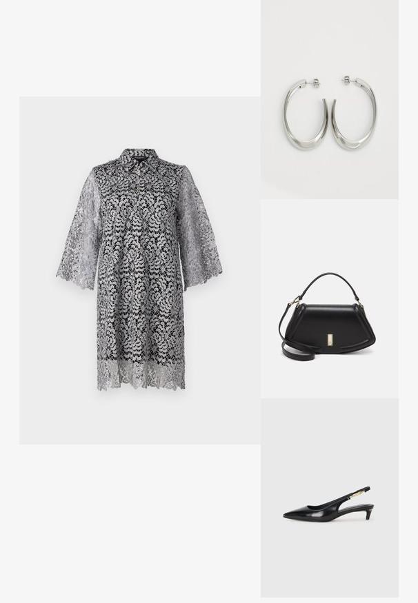 Robe en dentelle grise avec col, manches trois-quarts et motifs floraux. Le tissu a une texture délicate et transparente avec des détails minutieux.; Talons hauts en cuir noir avec un bout pointu, dotés d'un talon fin et d'un accent en ton or sur la lanière réglable. Texture lisse.; Sac à main en cuir noir avec un design structuré, featuring une forme cropped, une poignée supérieure et des accents en matériel doré. Bandoulière réglable incluse.; Boucles d'oreilles en argent avec un design lisse et courbé. Présentent une finition métallique brillante et une fermeture à clou. Pas de motifs ou d'accents visibles.
