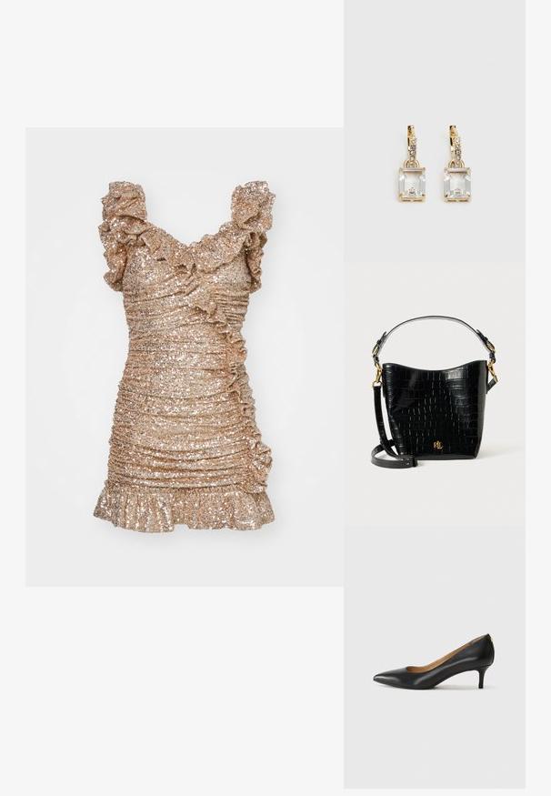 Trumpalaikis, prigludęs suknelė iš metalinio auksinio audinio su blizgučiais, su raukšlėtais petnešomis ir susiraukusiu tekstūru visame paviršiuje.; Juodos odinės aukštakulnės bateliai su smailiu nosiu, žemu kulnu ir lygiu paviršiumi. Priekyje yra nedidelis atvirumas, o gale minimalus apdaila.; Juodas krokodilo rašto odinis krepšys su lenkta forma, auksiniais aksesuarais, reguliuojama juosta ir logotipo detale priekyje.; Auksinės spalvos auskarai, kuriuose yra stačiakampis, skaidrus kristalas, kabantis po eile mažų, apvalių skaidrių akcentų. Šiuolaikiškas, modernus dizainas.