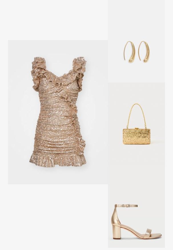 Īss, pieguļošs kleita izgatavota no metalizēta zelta auduma ar izšuvumiem, ar pūkainām plecu siksnām un sasāktām tekstūrām visā virsmā.; Lauren Ralph Lauren LOGAN METALLIC NAPPA LEATHER SANDAL - Sandales - platinum; Zelta sekmju soma ar taisnstūra formu, kurai ir savīti ķēdes rokturi un metāla aizdare, kas atspoguļo gaismu ar teksturētu apdari.; Zelta toņu metāla gredzena auskari ar izliektu, pagarinātu formu. Ar gludu, spīdīgu virsma un noapaļotu galu papildu detaļām.