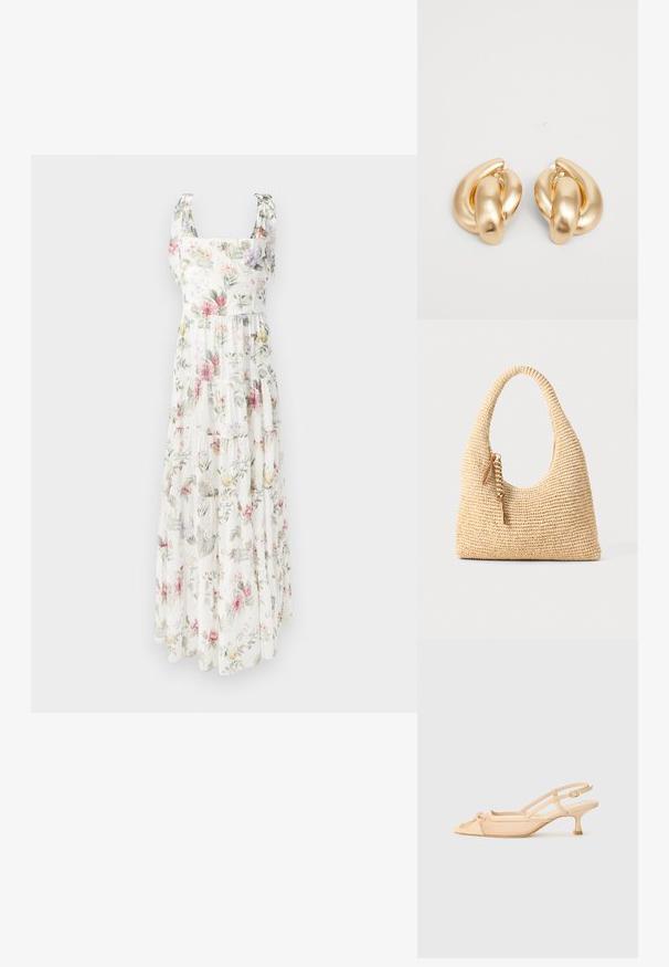 Kwiatowa sukienka maxi wykonana z lekkiego materiału. Posiada kwadratowy dekolt, regulowane ramiączka oraz warstwowy, zwiewny krój w pastelowych kolorach.; Stuart Weitzman KITTY beżowy; Spleciona beżowa torebka z zaokrągloną rączką, teksturowaną powierzchnią i brązowym detalem w postaci frędzla. Charakteryzuje się miękkim, hobo kształtem.; Złote kolczyki metalowe o skręconym wzorze z gładką, błyszczącą powierzchnią i zaokrąglonymi kształtami. Każdy z nich ma około 2 cali.