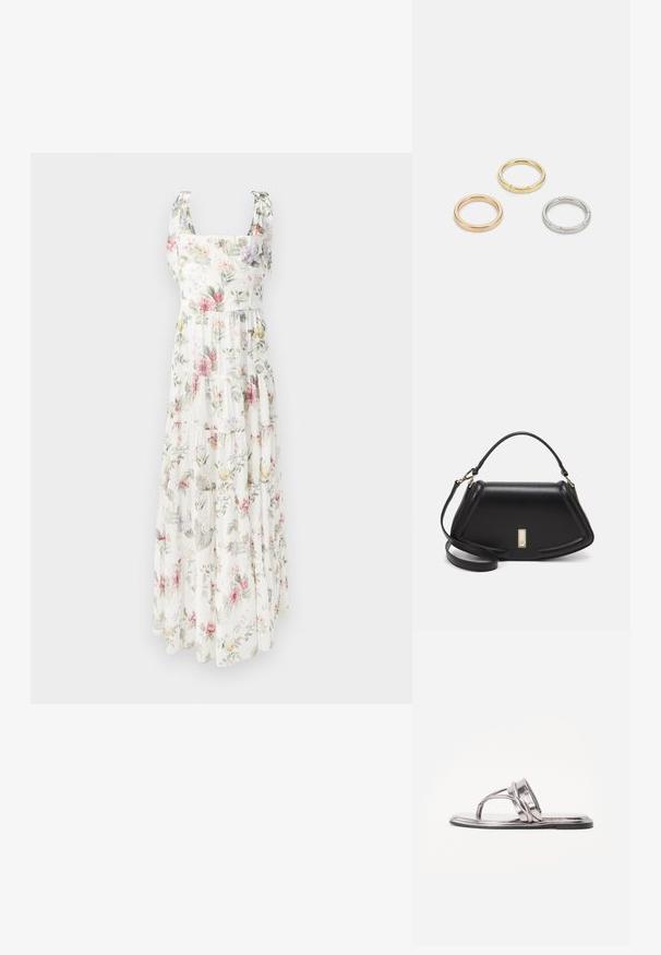 Kwiatowa sukienka maxi wykonana z lekkiego materiału. Posiada kwadratowy dekolt, regulowane ramiączka oraz warstwowy, zwiewny krój w pastelowych kolorach.; Metaliczne srebrne płaskie sandały z zakrzywionym paskiem i cienką podeszwą. Posiadają pętlę na palce oraz minimalistyczny design.; Czarna skórzana torebka o strukturalnym designie, z przyciętą formą, górnym uchwytem i złotymi akcentami. W zestawie regulowany pasek na ramię.; Trzy metalowe pierścienie: jeden w różowym złocie, jeden złoty z teksturowanymi akcentami, oraz jeden srebrny, wszystkie z wygrawerowanym brandingiem na wewnętrznej stronie.