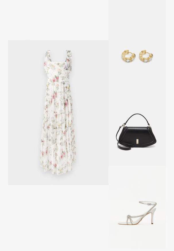 Kwiatowa sukienka maxi wykonana z lekkiego materiału. Posiada kwadratowy dekolt, regulowane ramiączka oraz warstwowy, zwiewny krój w pastelowych kolorach.; Białe sandały na wysokim obcasie z teksturowanym paskiem ozdobionym kryształkami, otwartym noskiem oraz paskiem na kostkę z regulowanym zapięciem.; Czarna skórzana torebka o strukturalnym designie, z przyciętą formą, górnym uchwytem i złotymi akcentami. W zestawie regulowany pasek na ramię.; Złote kolczyki w kształcie obręczy z teksturowanym fasonem i trzema przezroczystymi kryształkami po jednej stronie, oferujące nowoczesną, geometryczną estetykę.