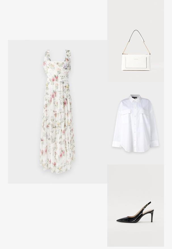 Gėlių rašto maksi suknelė, pagaminta iš lengvos medžiagos. Suknelė turi kvadratinį iškirpimą, reguliuojamas raištelių petnešas bei sluoksniuotą, laisvai krentančią siluetą pastelinių spalvų.; Balta mygtukinė marška, pagaminta iš medvilnės, su klasikinio stiliaus apykakle, dviem krūtinės kišenėmis ir ilgomis rankovėmis su rankogaliais. Lygaus tekstūros.; Juodas lakinės odos slingback batelis su smailiu nosiu, plonu kulnu ir subtiliu išpjovos dizainu. Yra auksinė sagtis ant dirželio.; Balta odinė rankinė su tekstūruotu paviršiumi, turinti auksinį grandinėlės dirželį ir juodas detales. Įskaičiuota priekinė kišenė ir užtrauktuko uždarymas.