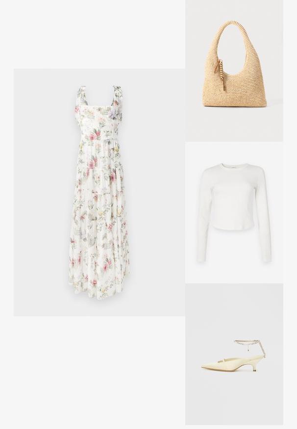 Kvetinové maxi šaty vyrobené z ľahkej tkaniny. Majú štvorcový výstrih, nastaviteľné šnúrky na ramienkach a viacúrovňový, splývavý strih v pastelových farbách.; Biely dlhý rukáv rebrovaný top s okrúhlym výstrihom a skráteným lemom. Mäkká textúra a minimalistický dizajn, s malým logom na boku.; Žlté satinové slingback topánky s špičatou špičkou a nízkym podpätkom, zdobené reťazou okolo členka s kryštálmi. Hladká textúra, minimalistický dizajn.; Tkaná béžová kabelka s zakrivenou rukoväťou, štruktúrovaným povrchom a hnedým strapcom. Má uvoľnený, hobo tvar.