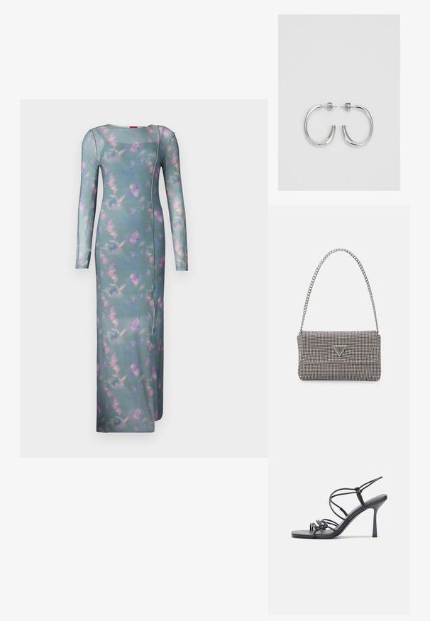 Rochie lungă cu mâneci, ajustată, dintr-un material transparent de culoare teal, cu un model floral în nuanțe de roz și violet. Are un decolteu rotund și cusături laterale.; Sandale negre cu toc înalt au curele subțiri cu un design legat, un vârf pătrat neted și un toc stiletto elegant.; Geantă metalică gri deschis, cu un strap din lanț, decorată cu mici ținte circulare metalice și un logo de marcă triangular.; Cercei rotunzi din argint cu un finisaj neted și strălucitor. Design ușor, având o formă rotundă și închidere cu tijă.