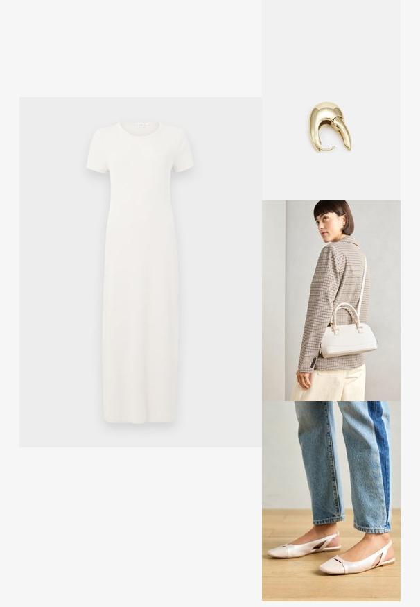 Béžové šaty s krátkými rukávy až ke kolenům, vyrobené z měkké bavlněné látky. Mají kulatý výstřih a jednoduchý, rovný střih.; Světle růžové slingback baleríny s špičatou špičkou, vyrobené z hladkého koženému materiálu. Obsahují vystřihovací detaily po stranách a plochý podpatek.; Bílá strukturovaná kabelka s krátkými uchy a ramenním popruhem, zdobená zlatými kovovými prvky a texturovaným materiálem, vystavená na šedém pozadí.; Náušnice ve zlatém tónu z kovu s elegantním zakřiveným designem. Vyznačují se jedinečným špičatým tvarem, lesklým povrchem a závěsem na kloub.