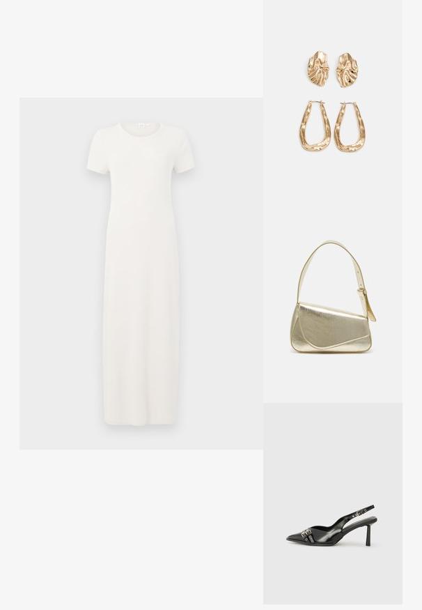 Bež obleka s kratkimi rokavi in dolžino do kolen, izdelana iz mehke bombažne tkanine. Ima okrogel izrez in preprosto, ravno silhueto.; Črne patentne usnjene sandale s koničastim nosom, zankami okoli gležnja s srebrnimi sponkami in opremo ter vitkimi petami.; Zlata metalna torbica z urejenim dizajnom, gladko teksturo in nastavljivim trakom. Ima edinstveno trikotno obliko in minimalistično šivanje.; Zlato obarvani uhani z teksturiranimi, valovitimi oblikami. Vključujejo skulpturalne sponke za ušesa in odprto obliko obročka s kladivastim finišem.