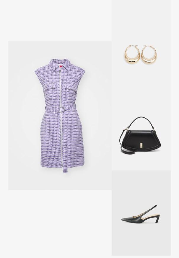 HUGO KERIDE - Denní šaty - open miscellaneous; Černý špičatý slingback s nízkým podpatkem, vyrobený z hladké kůže, s výřezem na boku pro lepší prodyšnost.; Černá kožená kabelka se strukturovaným designem, jejíž tvar je zkrácený, má horní rukojeť a zlaté kovové detaily. Součástí je i nastavitelný ramenní popruh.; Náušnice ve tvaru kroužku zlaté barvy s půlměsícovým tvarem, lesklým povrchem a závěrečným uzávěrem. Hladká textura a reflexní povrch zvyšují viditelnost.
